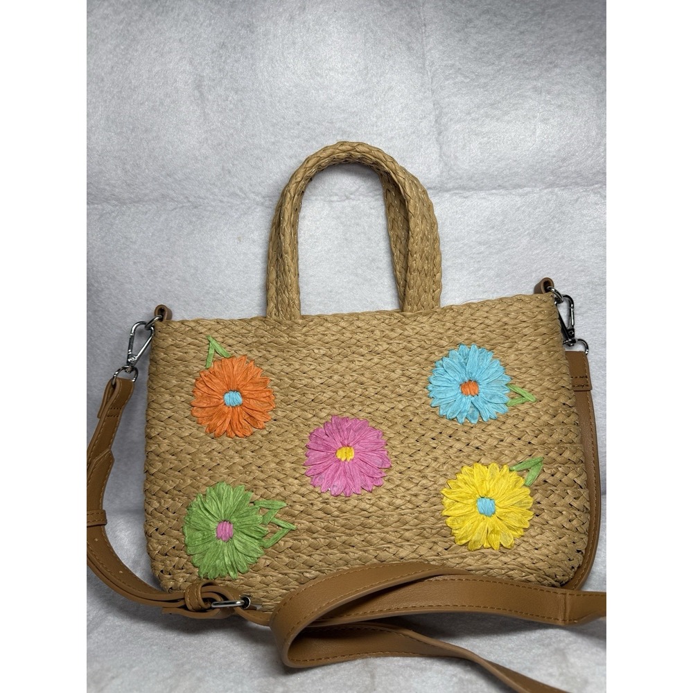 Floral Straw Raffia Tote Crossbody Bag Colorful Daisy Applique Woven Beach Boho - Picture 2 of 3